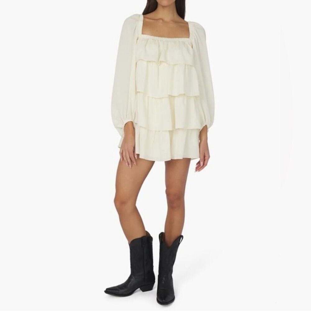weworewhat tiered long sleeve mini dress crinkle chiffon ze1 ivory white xsmall